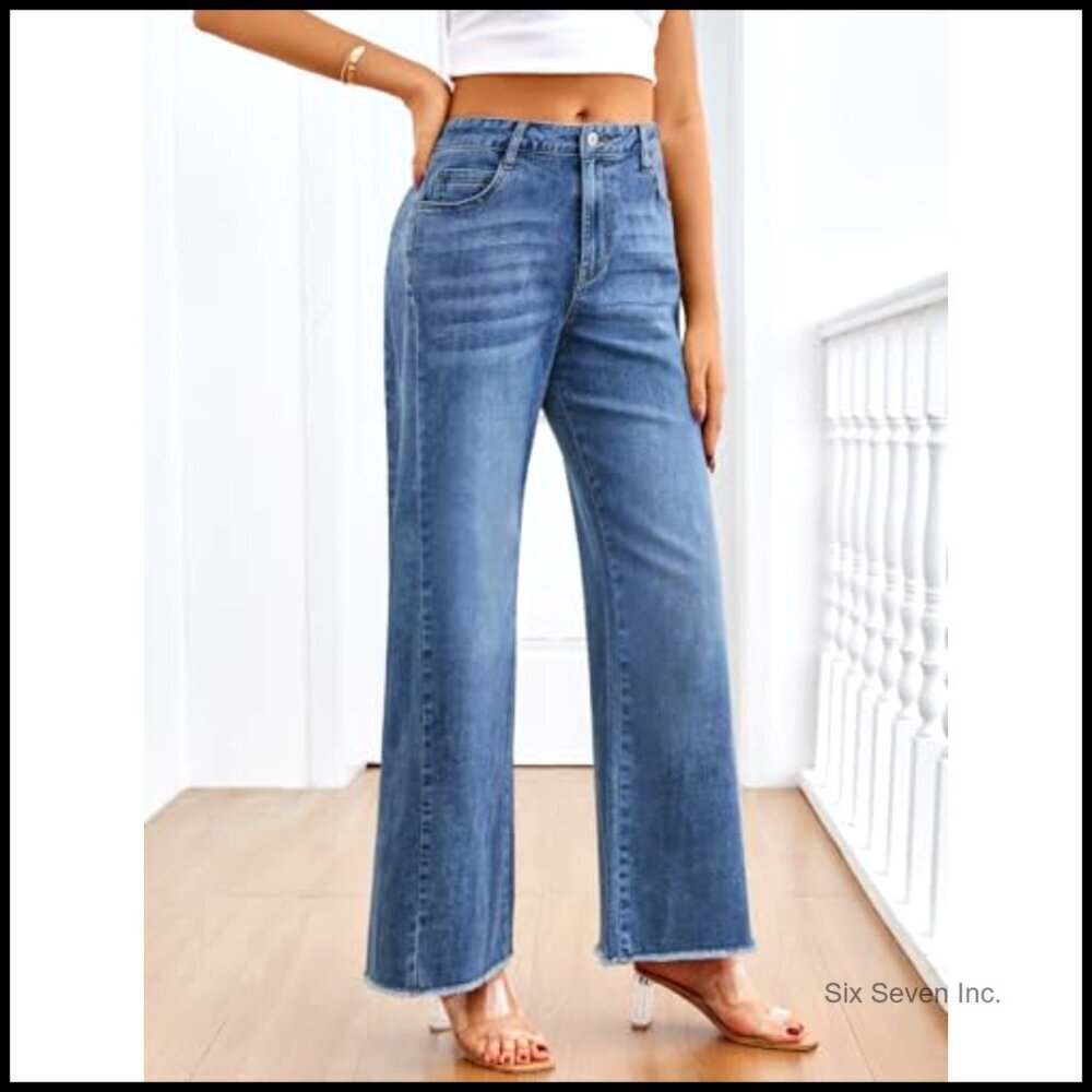 Wide Leg Jeans Relaxed Loose Straight Leg Raw Hem Comfort Denim Pants - Picture 3 of 6